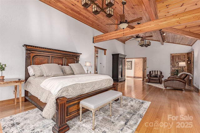 bedroom featuring wood-type flooring, high vaulted ceiling, wooden ceiling, and beam ceiling