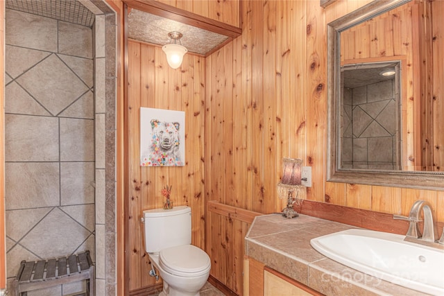 bathroom featuring vanity, toilet, and wood walls