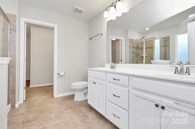 bathroom with vanity, an enclosed shower, tile patterned floors, and toilet