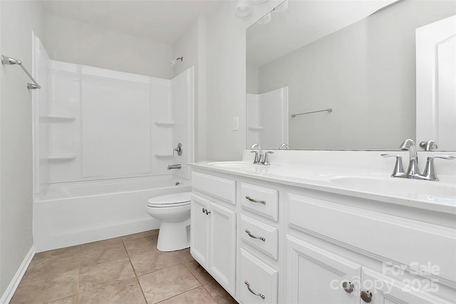 full bathroom featuring vanity, tub / shower combination, tile patterned floors, and toilet