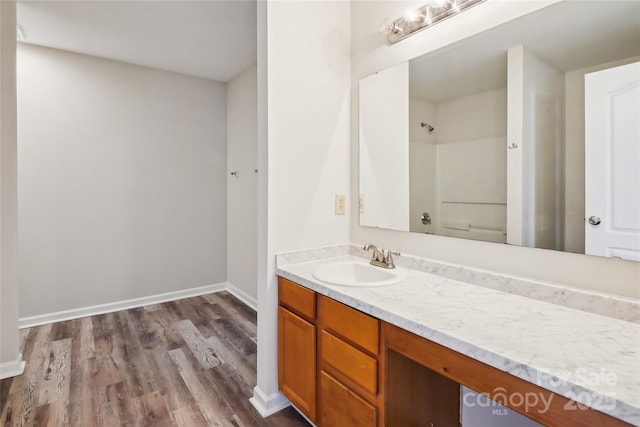 bathroom with vanity and wood-type flooring