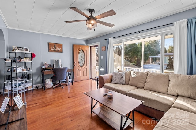 living room featuring wood-type flooring, ceiling fan, and crown molding