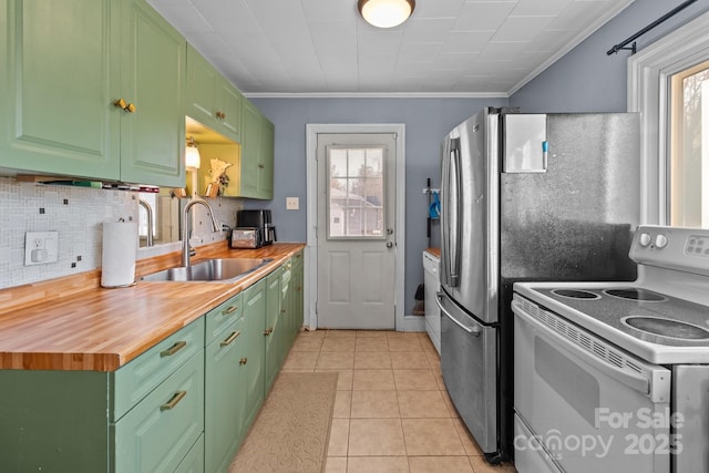 kitchen featuring sink, white electric range, backsplash, and light tile patterned floors