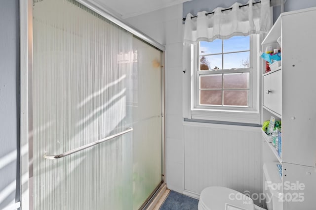 bathroom with toilet and walk in shower