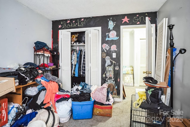 bedroom featuring carpet flooring, a textured ceiling, and a closet