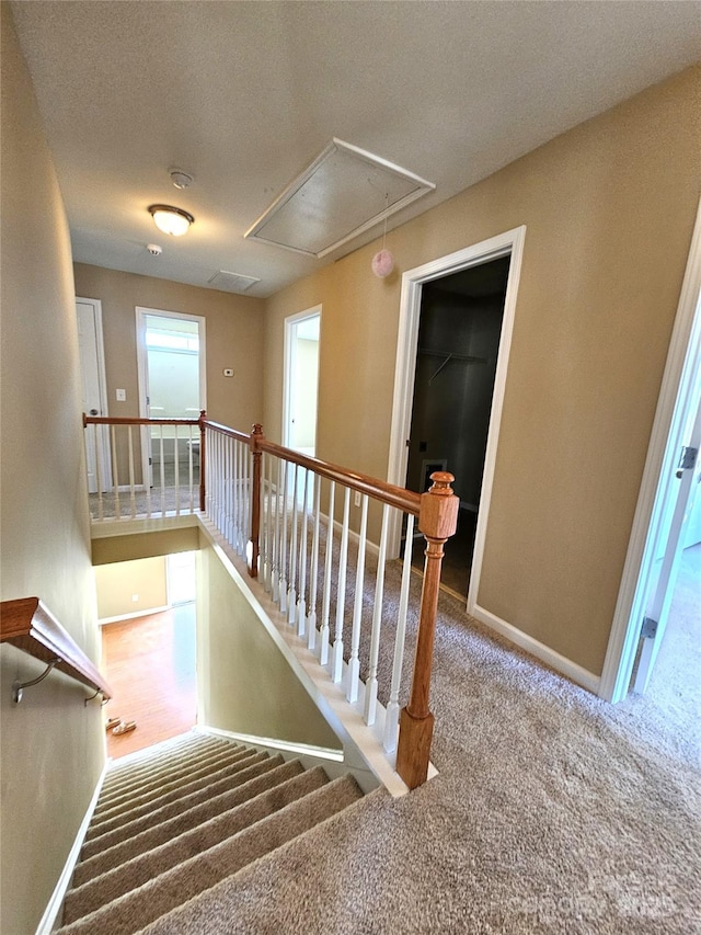 staircase featuring attic access, baseboards, carpet floors, and a textured ceiling