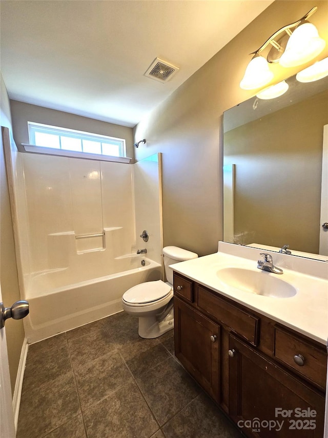 full bath featuring visible vents, vanity, toilet, and bathing tub / shower combination