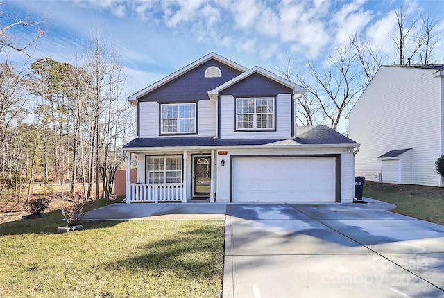 front facade featuring covered porch and a front yard