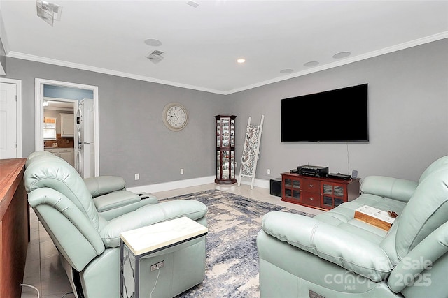 living room with ornamental molding