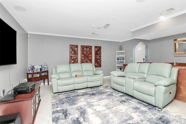 living room with ornamental molding