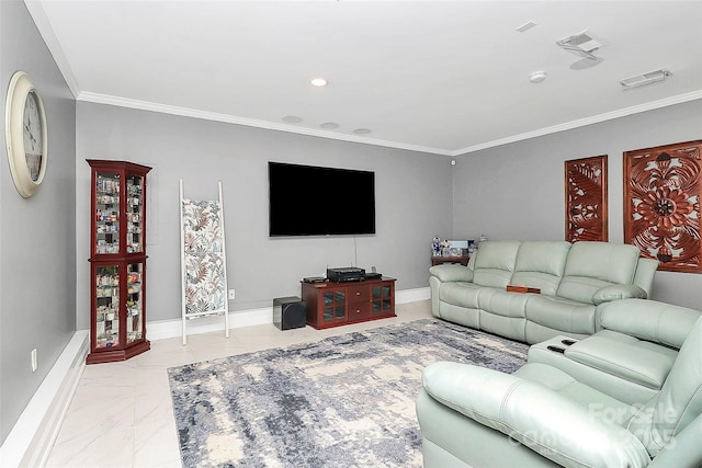 living room featuring crown molding