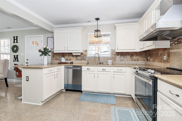 kitchen featuring sink, white cabinetry, hanging light fixtures, stainless steel appliances, and exhaust hood