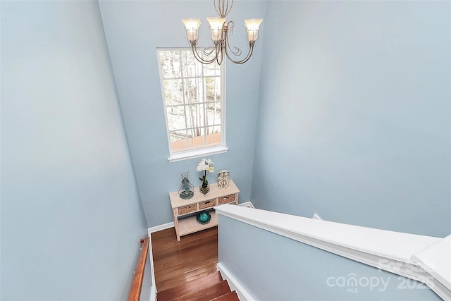 staircase featuring hardwood / wood-style floors and a notable chandelier