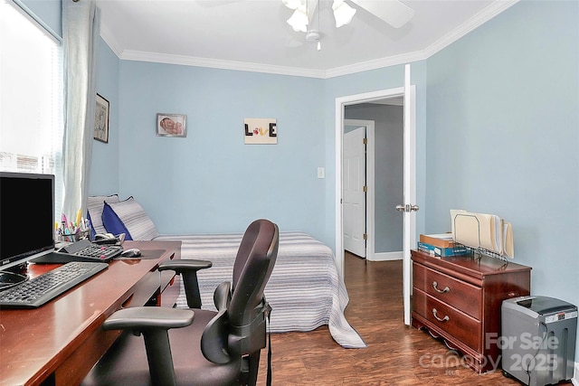 office with crown molding, dark wood-type flooring, and ceiling fan