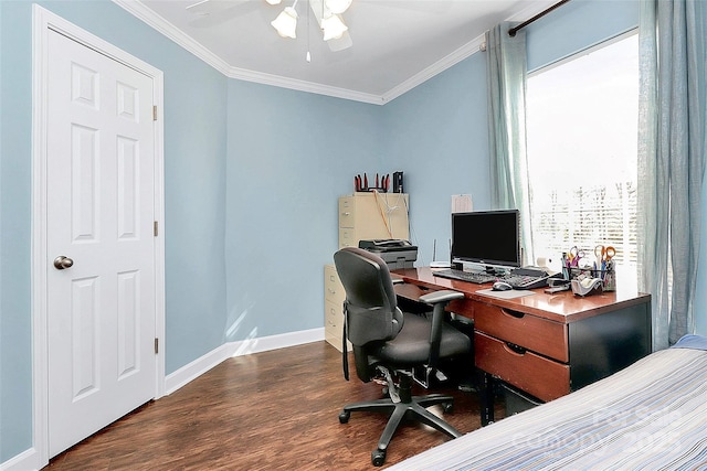 office with crown molding, dark hardwood / wood-style floors, and ceiling fan