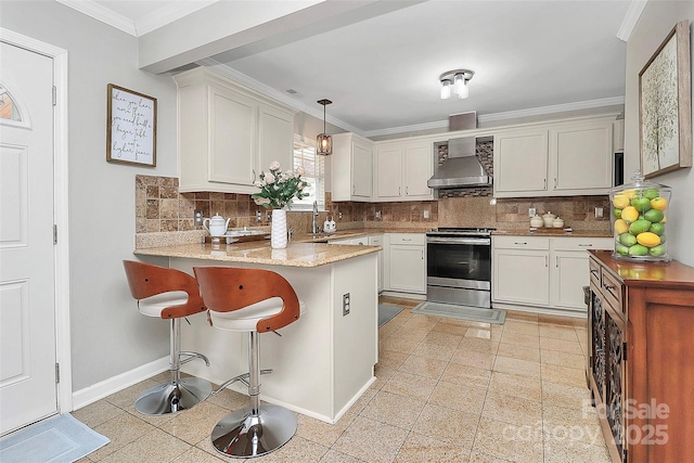 kitchen with wall chimney exhaust hood, stainless steel range with electric cooktop, kitchen peninsula, pendant lighting, and decorative backsplash