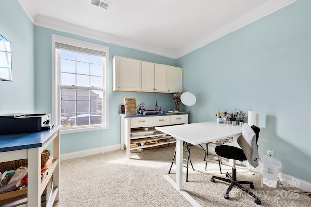 home office featuring ornamental molding and light colored carpet