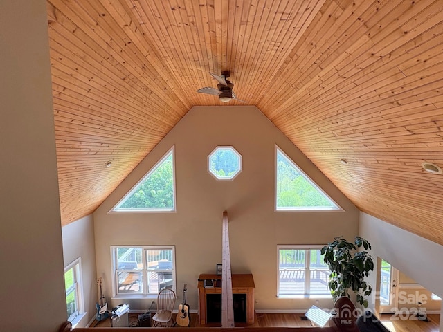 details with wooden ceiling, ceiling fan, and a fireplace