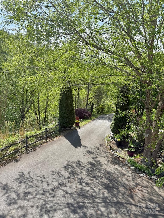 view of road featuring a wooded view