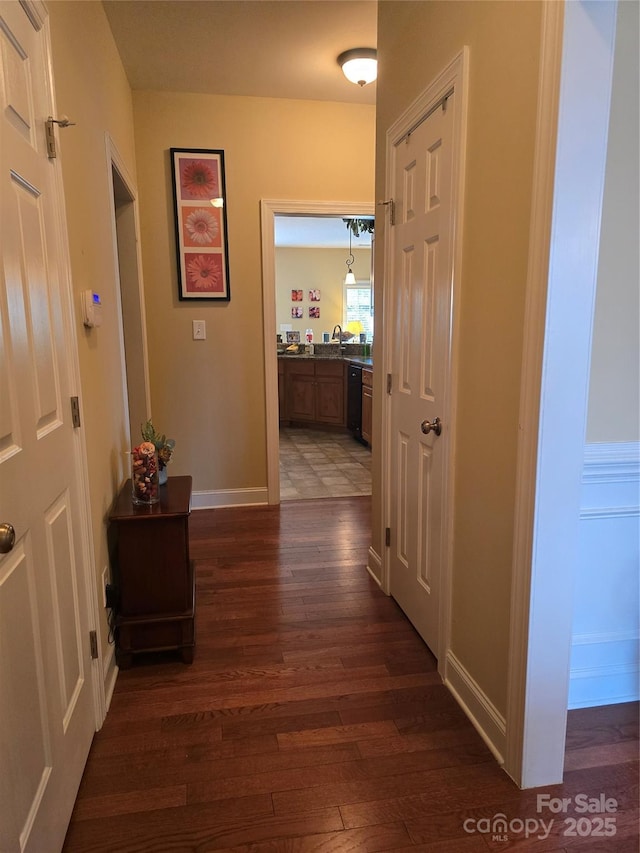 hall with dark wood-type flooring