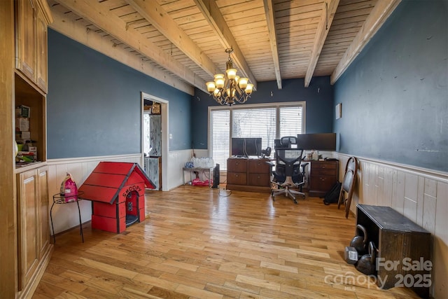 office featuring a notable chandelier, beamed ceiling, light hardwood / wood-style floors, and wood ceiling