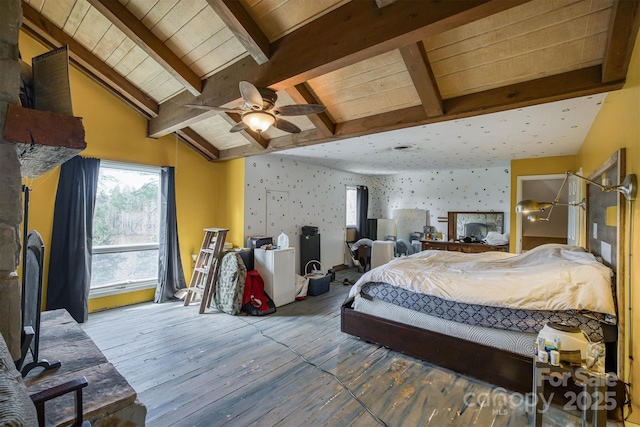 bedroom with wood-type flooring, ceiling fan, vaulted ceiling with beams, and wooden ceiling