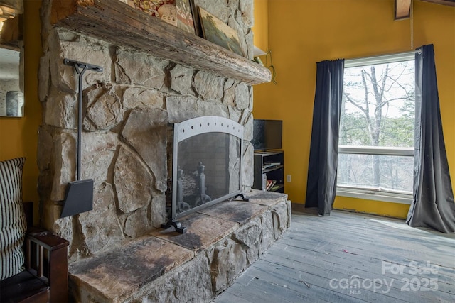 details with hardwood / wood-style floors and a fireplace