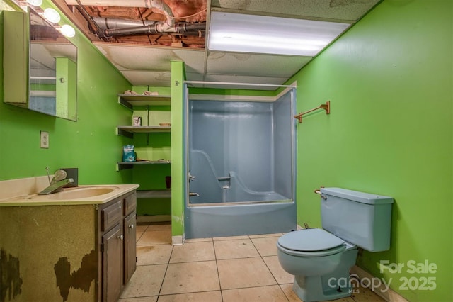 full bathroom with shower / tub combination, a paneled ceiling, vanity, tile patterned flooring, and toilet