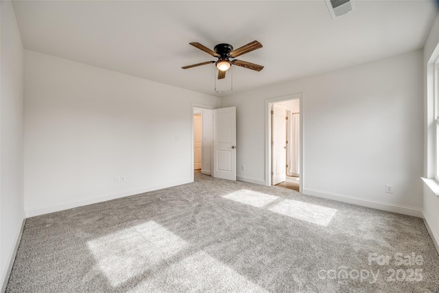 unfurnished bedroom with light carpet and ceiling fan