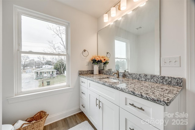 bathroom featuring vanity and wood-type flooring