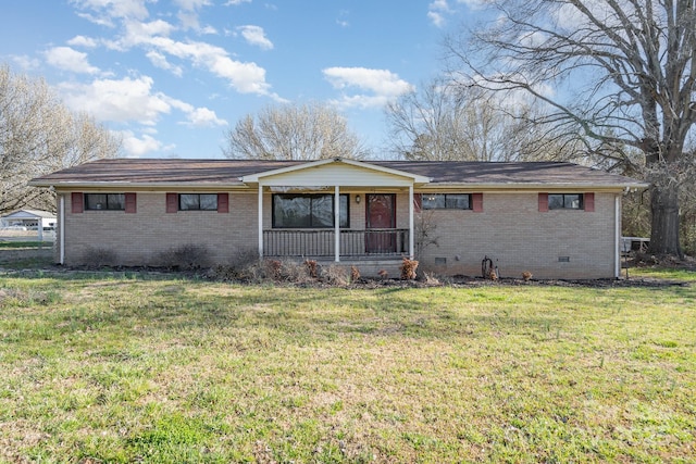 ranch-style house featuring a front yard, a porch, brick siding, and crawl space