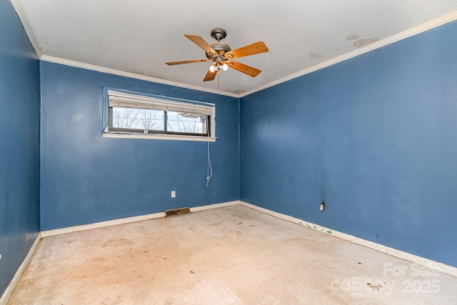 spare room featuring visible vents, baseboards, a ceiling fan, and crown molding