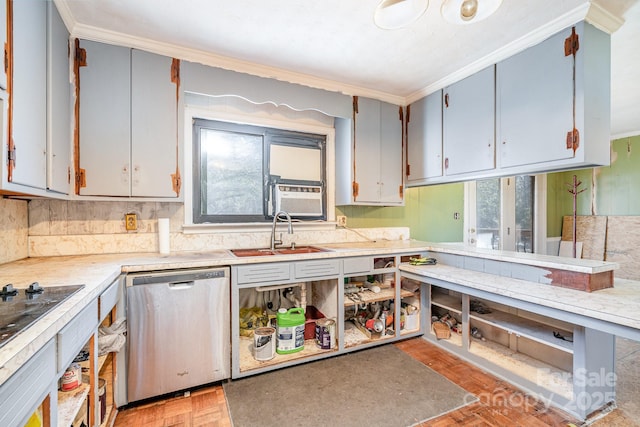 kitchen featuring cooling unit, a sink, light countertops, dishwasher, and black electric stovetop