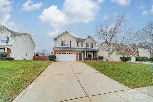 front facade featuring a garage and a front yard