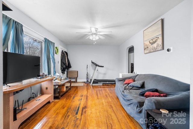 living room with wood-type flooring and ceiling fan