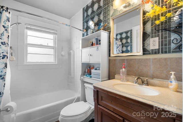 full bathroom with shower / tub combo, tile walls, vanity, decorative backsplash, and toilet