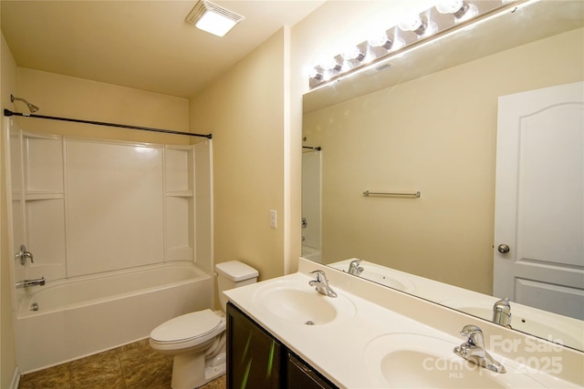 full bathroom with shower / bathtub combination, vanity, toilet, and tile patterned flooring