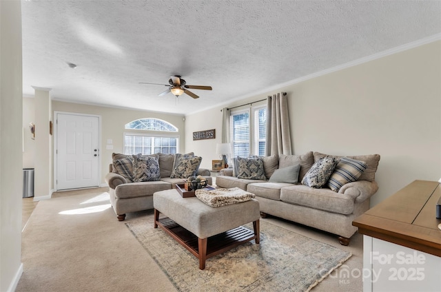 carpeted living room featuring ceiling fan, ornamental molding, and a textured ceiling