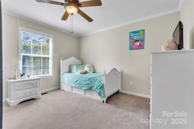 carpeted bedroom with crown molding, a textured ceiling, and ceiling fan