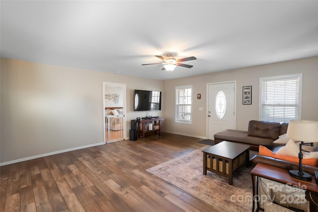 living room with ceiling fan, hardwood / wood-style floors, and a wealth of natural light