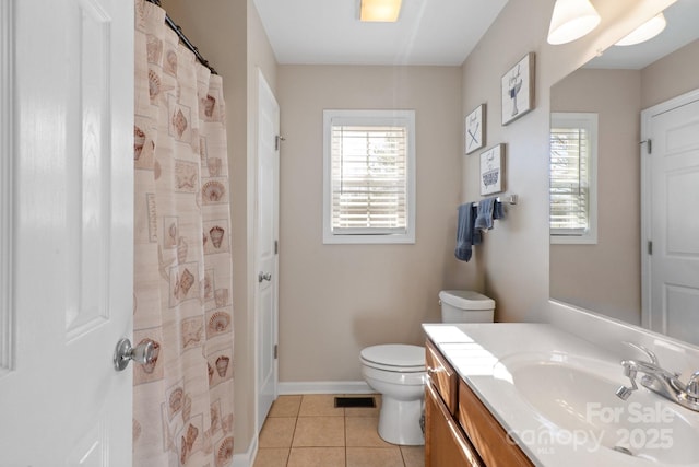 bathroom featuring vanity, toilet, and tile patterned flooring