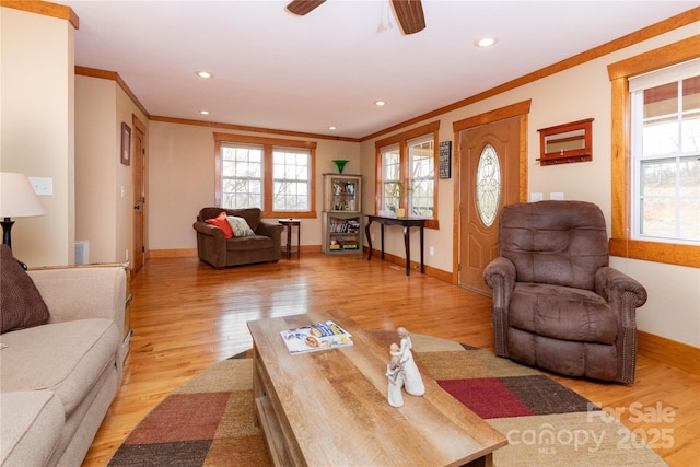 living room featuring crown molding, ceiling fan, and light hardwood / wood-style flooring