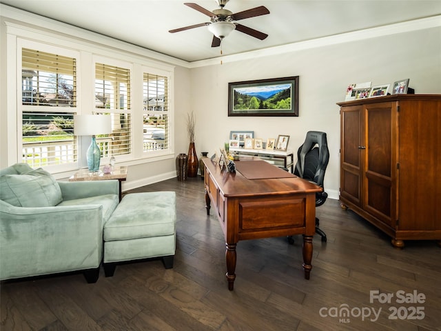 office featuring crown molding, ceiling fan, and dark hardwood / wood-style floors