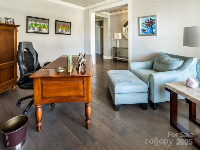 office area featuring dark wood-type flooring and ornamental molding