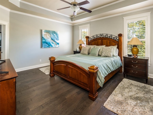 bedroom featuring a raised ceiling, ornamental molding, ceiling fan, and multiple windows