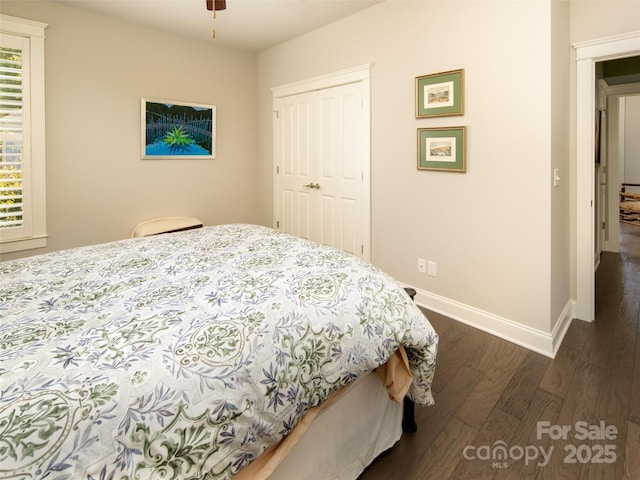 bedroom with dark hardwood / wood-style flooring and a closet