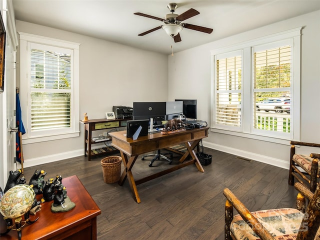 office featuring ceiling fan and dark hardwood / wood-style flooring