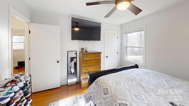 bedroom with light hardwood / wood-style floors and ceiling fan