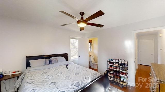 bedroom featuring ceiling fan and hardwood / wood-style floors