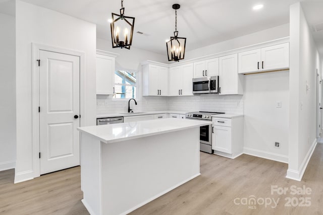 kitchen featuring stainless steel appliances, a kitchen island, sink, and white cabinets